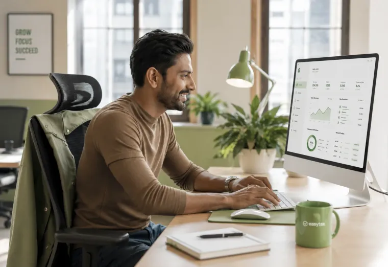 Professional reviewing a business balance sheet on the EasyTax dashboard at his office desk.