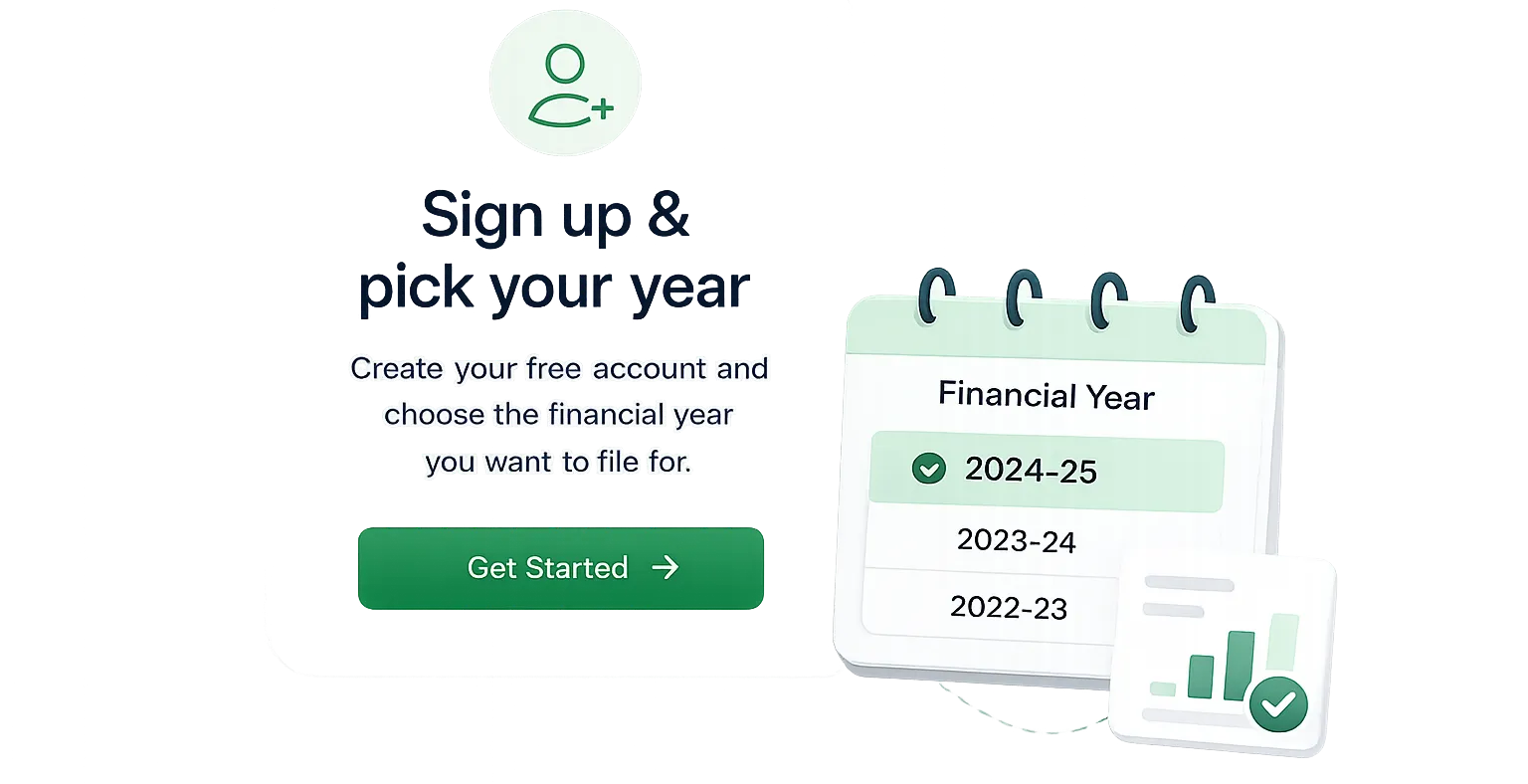 EasyTax onboarding interface prompting users to sign up and select their financial year for ITR filing.