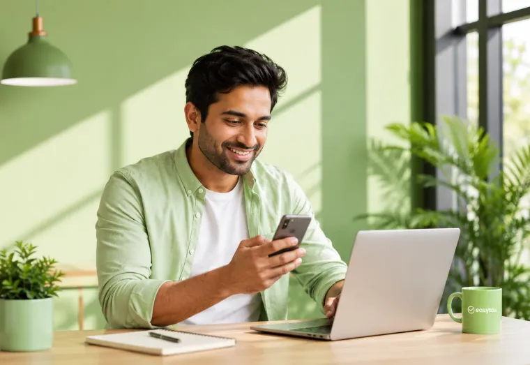 Smiling man using the EasyTax mobile tax calculator on his smartphone at a desk.