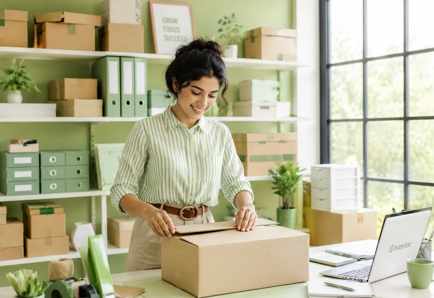 Small business owner packing orders while using EasyTax for GST compliance.