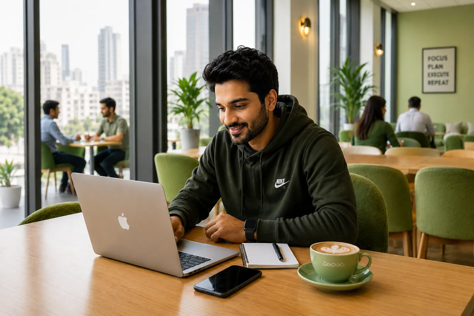 Smiling freelancer filing income tax returns online using the EasyTax portal on his laptop.