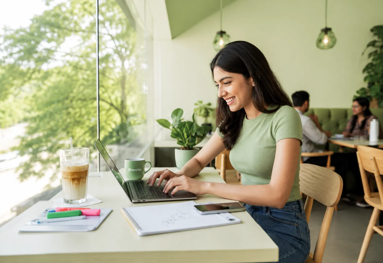Smiling woman using the EasyTax portal on her laptop at a cafe to file her income tax return.