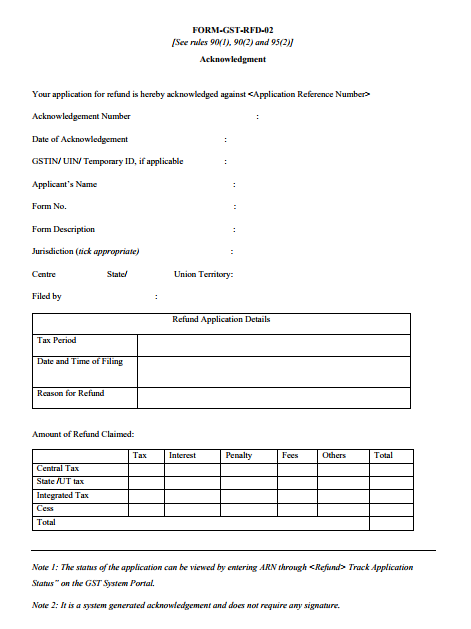 Clarification on the format of acknowledgment on refund application