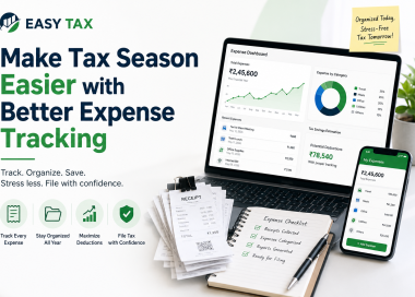EasyTax infographic about better expense tracking for tax season, showing a digital expense dashboard, receipts, mobile expense tracker, and checklist to help organize business expenses, maximize deductions, and simplify tax filing.