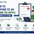 Infographic explaining how to respond to an income tax notice, including reading the notice, gathering documents, preparing a response, submitting on time, and following up