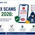 Infographic about tax scams in 2026 showing fake notices, fraud calls, phishing links, and tips to stay safe and protect your money from tax fraud.