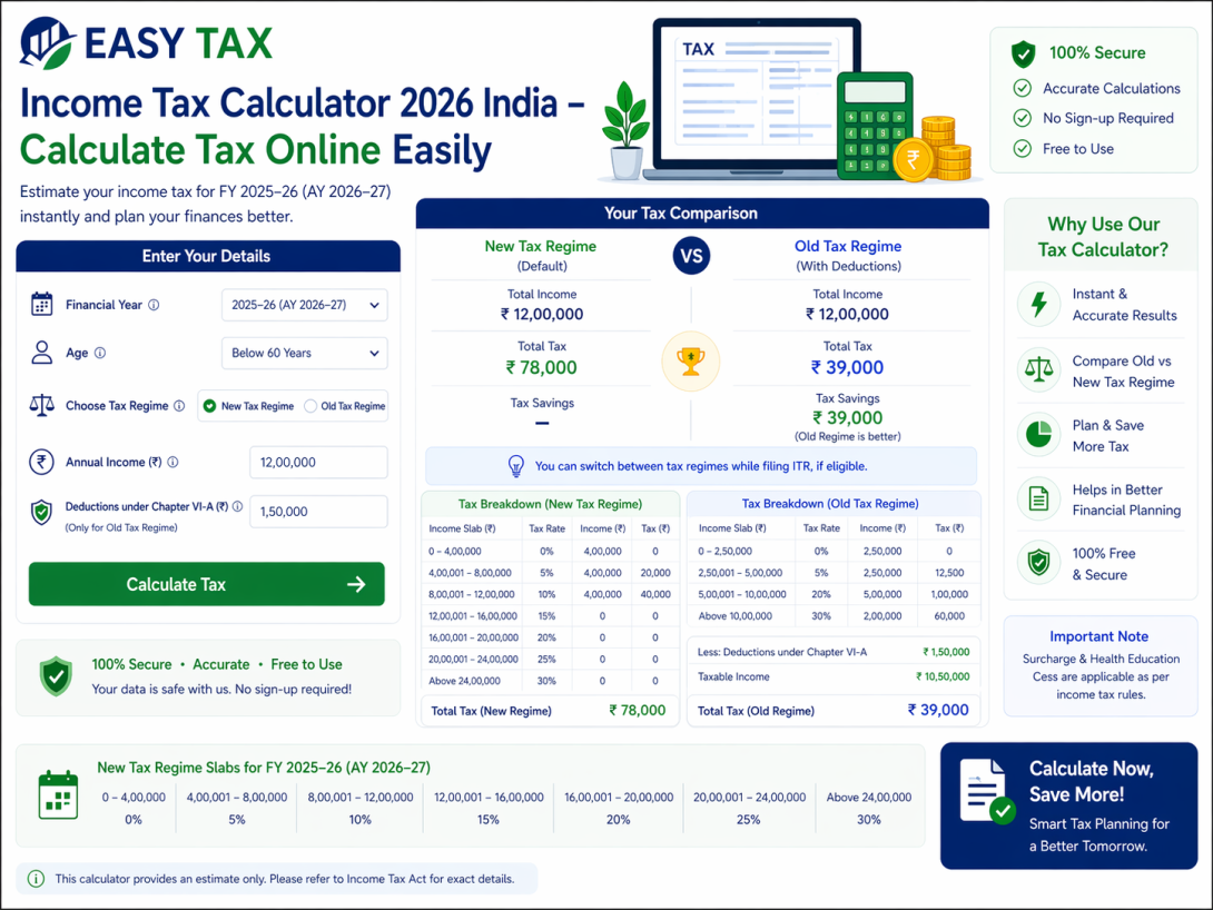 Income Tax Calculator 2026 India – Calculate Tax Online Easily