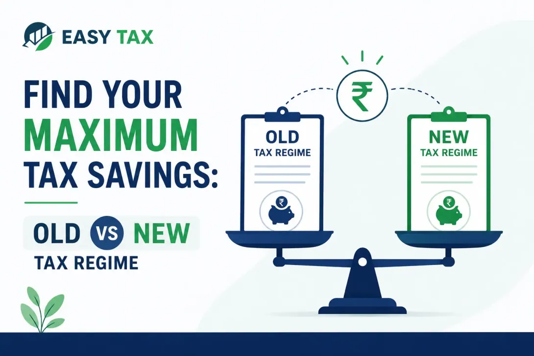 EasyTax infographic comparing the Old vs New Tax Regime in India (2026) to help taxpayers find maximum tax savings and choose the most beneficial income tax regime