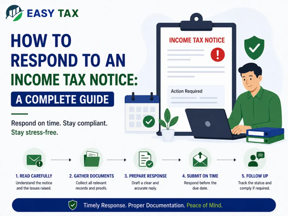 Infographic explaining how to respond to an income tax notice, including reading the notice, gathering documents, preparing a response, submitting on time, and following up