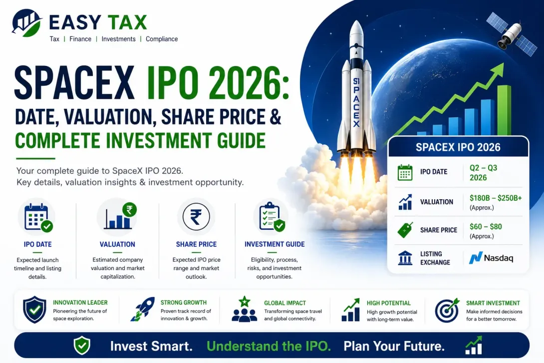 SpaceX IPO 2026 guide showing expected IPO date, valuation, share price estimates, investment opportunities, rocket launch, stock market growth chart, and investor information for potential SpaceX stock listing.