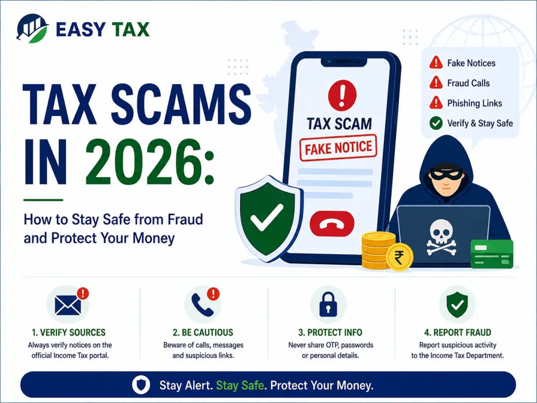 Infographic about tax scams in 2026 showing fake notices, fraud calls, phishing links, and tips to stay safe and protect your money from tax fraud.