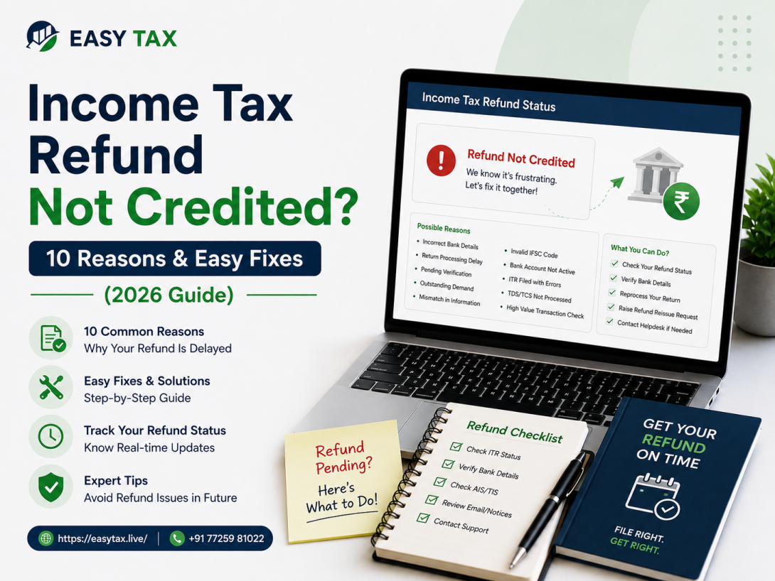 EasyTax guide explaining why an income tax refund is not credited and how to resolve refund delays in 2026.